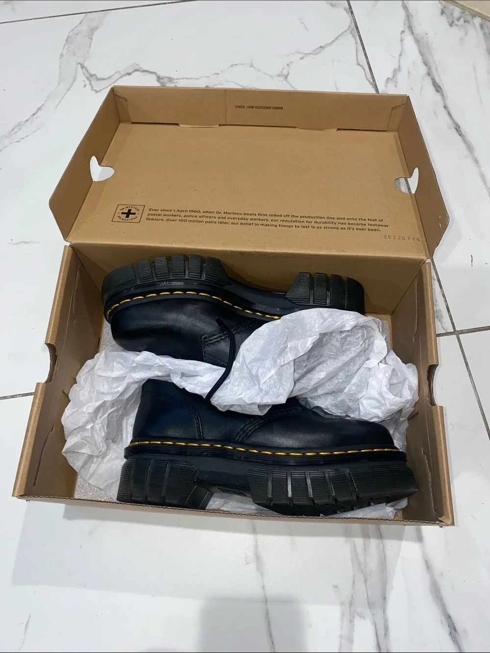 Dr. Martens Black Leather Chunky Platform Lace-Up Shoes with Yellow Stitching
